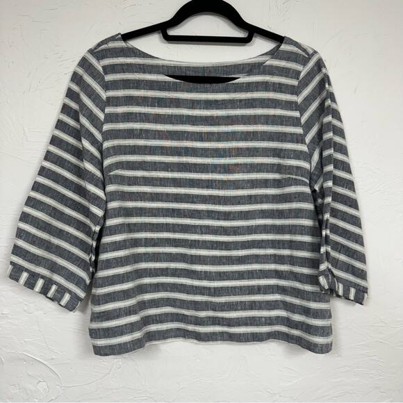 Christian Siriano Blue Linen Striped Cropped Blouse Women L Boxy Oversized Beach - Picture 1 of 9